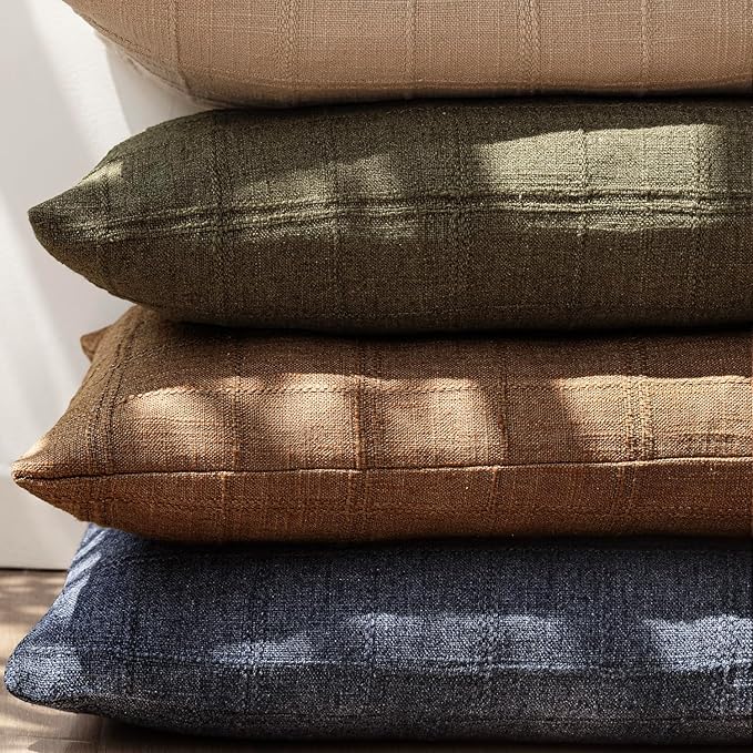 Foindtower Set of 2 Decorative Linen Check Throw Pillow Covers Neutral Farmhouse Vintage Cushion Covers Modern Boho Home Decor for Sofa Chair Couch Bedroom Living Room Outdoor,26×26 Inch,Navy Blue