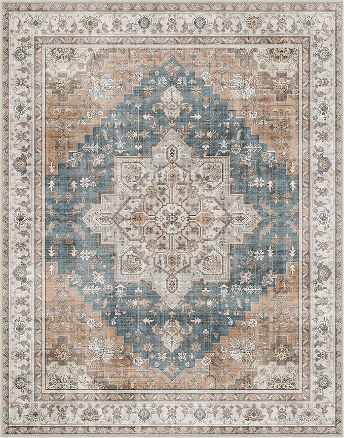 GENIMO 8x10 Area Rugs for Living Room, Machine Washable Non Slip Vintage Retro Rugs, Low Pile Lightweight Chenille Print Rug for Bedroom, Dining Room, Home Office, Blue Brown
