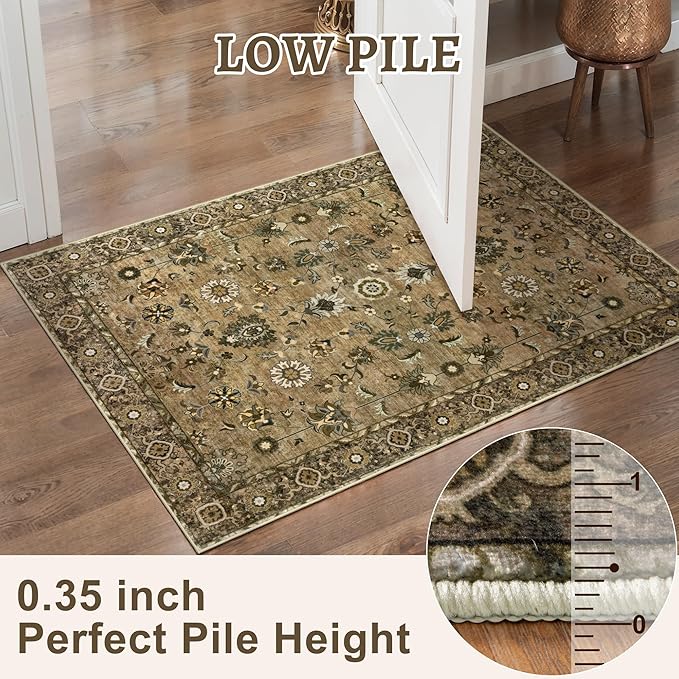 Tangsoo 4x6 Floral Vintage Rug for Living Room, Washable Vintage Area Rug Indoor, Non Slip Brown Rug for Dining Room, Soft Low Pile Rugs, Print Foldable Carpet for Dorm Living Room Bedroom