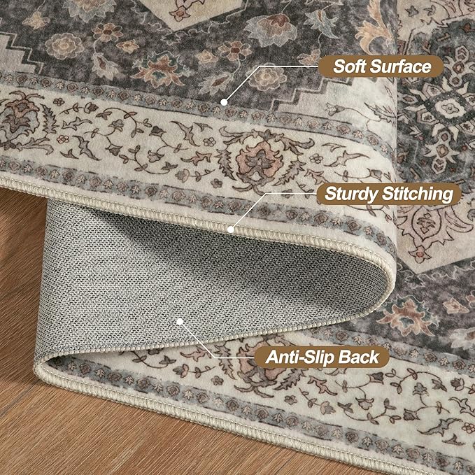 Tangsoo 3x5 Area Rug Vintage Washable Rugs Non Slip, Farmhouse Rugs Indoor Accent Rug Print Distressed Brown Grey Carpet, Soft Low Pile Rug for Living Room Bedside Entryway Bedroom