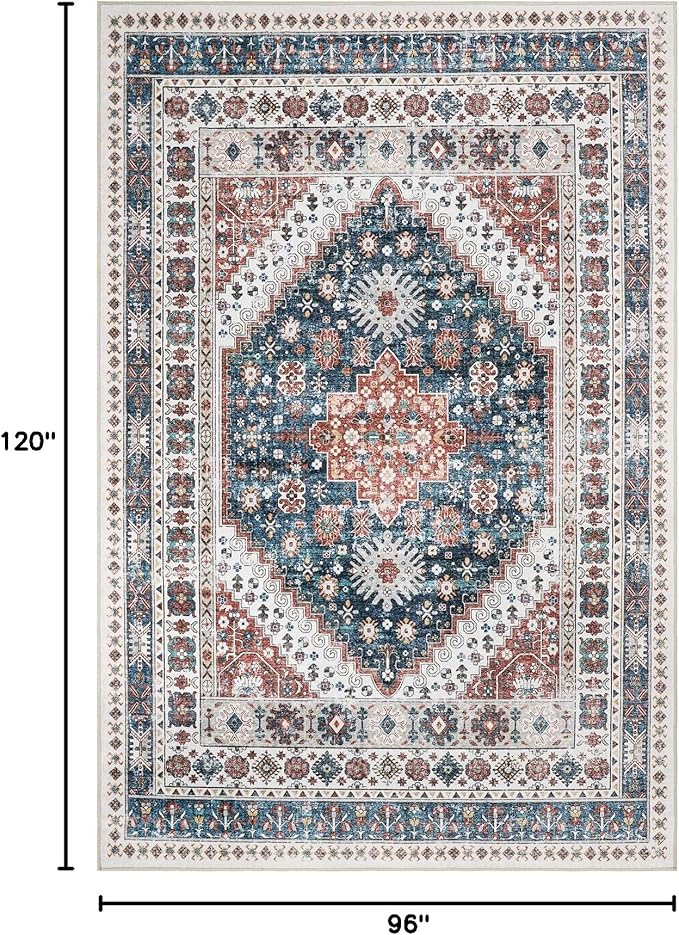 zesthome 8x10 Area Rugs for Living Room,Non-Slip Backing Washable Rugs,Vintage Large Area Rug，Stain Resistant Home Decor Rug (Navy Blue/Red,8'x10')