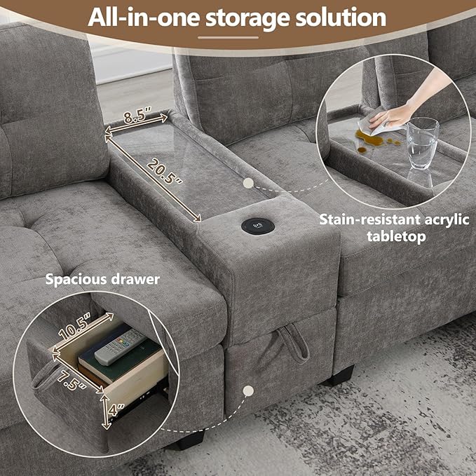 Merax 6 Seater Chenille Sectional Couches with 2 Acrylic Table Top Consoles, Upholstered Modular Tufted Sofa Chaise with Ottoman, Storage Drawers, Pockets, USB Charger & Cup Holders for Living Room