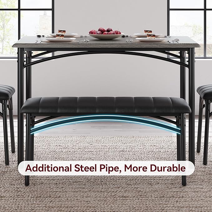 Garvee Dining Table Set for 4, Kitchen Table with Upholstered Bench and 2 Chairs, 4-Piece Wooden Dining Table Set for Apartment, Dining Room, Small Space, Gray