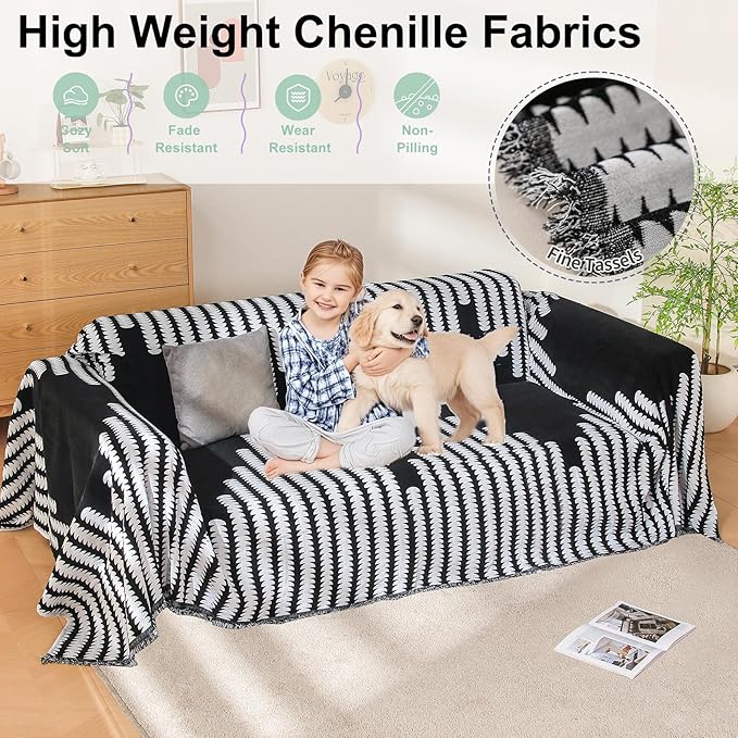 Boho Sofa Cover, Couch Covers for 3 Cushion Couch Sofa Pet Friendly, Sofa Cover Washable, Soft Chenille Living Room Couch Covers Slipcover, Pet Furniture Protecto (2# Black, 71" x 134")