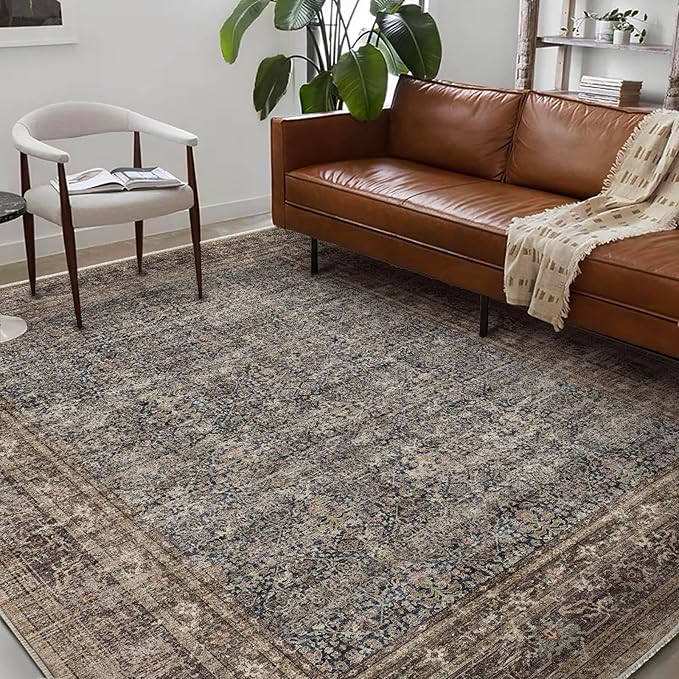 Washable Area Rug 8'x10' Retro Boho Design Non-Shedding Non-Slip Easy Care Ideal for High Traffic Areas in Living Room Bedroom Office Coffee Table Kitchen Large Carpet
