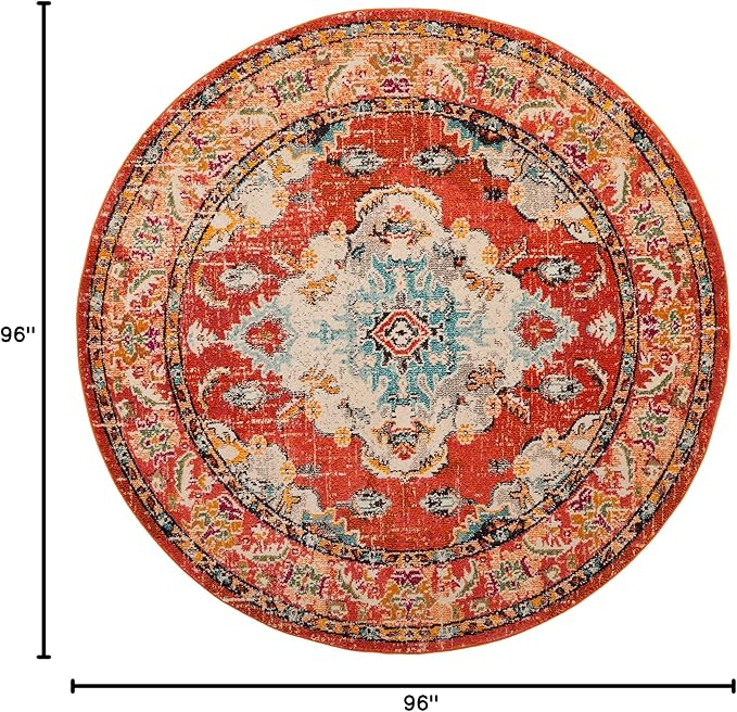 SAFAVIEH Monaco Collection Area Rug - 8' Round, Orange & Light Blue, Boho Chic Medallion Distressed Design, Non-Shedding & Easy Care, Ideal for High Traffic Areas in Living Room, Bedroom (MNC243H)