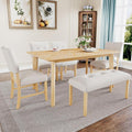 Merax 6 Piece Solid Wood Dining Table Set for 6, Rustic Farmhouse Rectangular with 4 Upholstered Wooden Chairs and 1 Bench, Kitchen Room, Natural Wood Wash