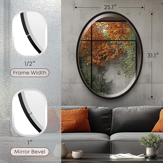 OVALCREST - Oval Wooden Beveled Wall Mirror for Home Decor, Bathroom, Vanity, Bedroom, Living Room, Hallway - London Style (Rubbed Black) 25.1 x 31.1