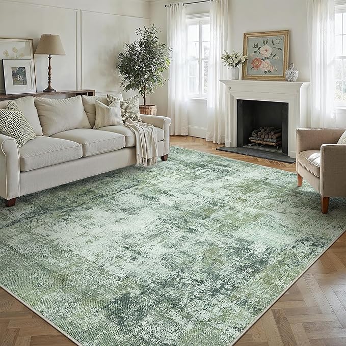 9x12 Area Rug Dark Green Modern Neutral Abstract Living Room Bedroom Indoor Floor Carpet Low Pile Soft Non-Slip Lightweight Vacuumable Washable Large Throw Rug for Nursery Dining Room