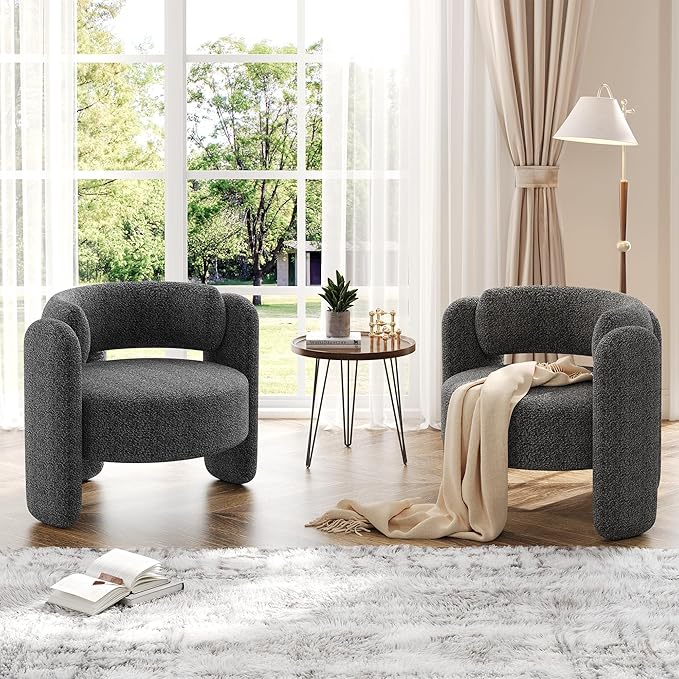 Modern Chenille Accent Armchair， Mid-Century Upholstery, Round Corners for Living Room, Bedroom, Office, or Cafe，Grey