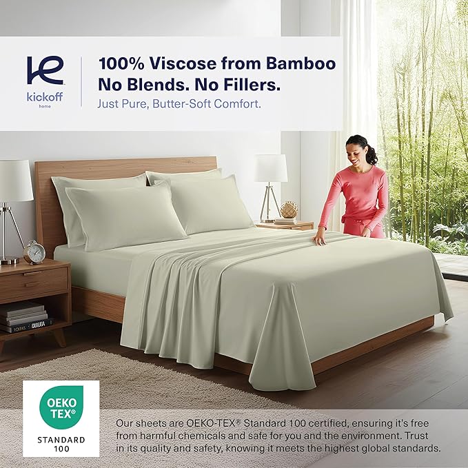 Kickoff Viscose Bamboo Sheets Twin Size 3-pc 100% Organic Bamboo Viscose Bed Cooling Sheets Twin Size Set Cool Bedding for hot Sleepers Sheet, Flat, Fitted, Pillowcase (Soft Sage, T)