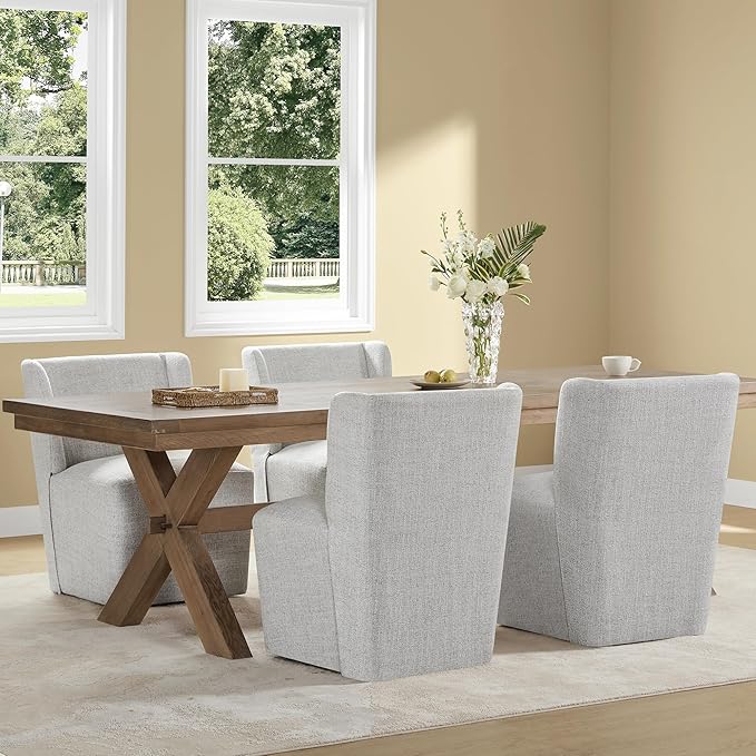 Upholstered Dining Chair with Casters Wingback Modern Side Armless Deskchair with Rollers for Diningroom Bedroom Livingroom Reading Room,Light Grey,2 Box
