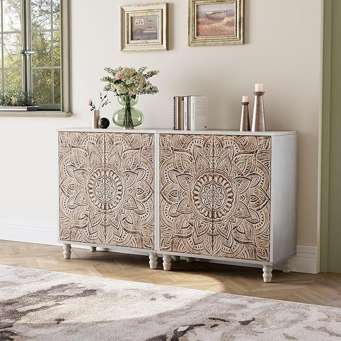 COSIEST Set of 2 32" Buffet Sideboard Cabinets with Storage, Accent Cabinet with Push-to-Open Doors, Vintage Lotus Carved Pinewood Doors, Entryway Console for Living Room, Kitchen, Hallway, Gray