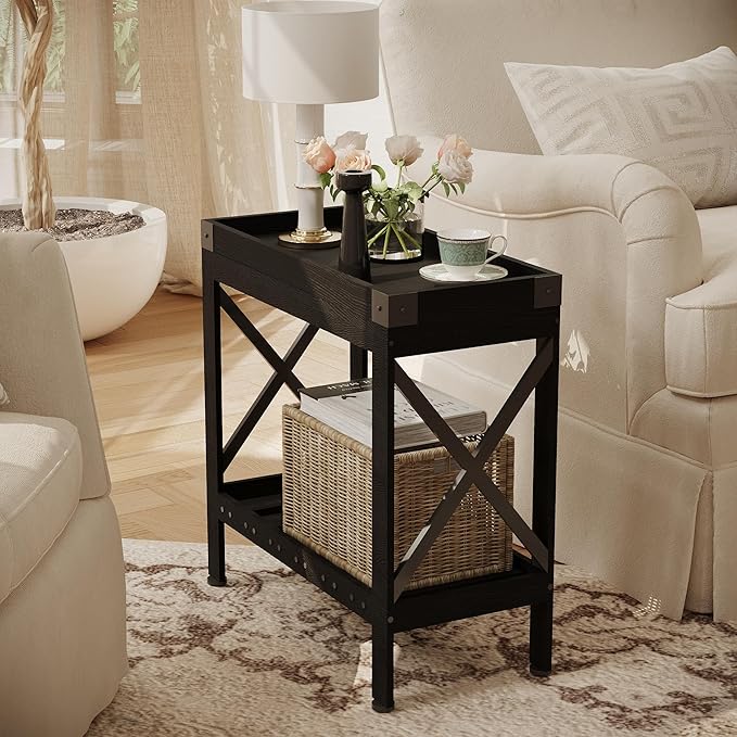 Narrow Side Table, Slim End Table with Charging Station for Small Spaces, with 2 USB and 2 Power Outlets, 21.7" L x 10" W x 21.7" H