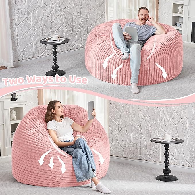 HABUTWAY 5FT Bean Bag Chair, 5' Large Bean Bag Chairs for Adults with Removable Stripe Plush Cover, Memory Foam Beanbag Chair for Living Room Bedroom Dorm (Tender Pink)