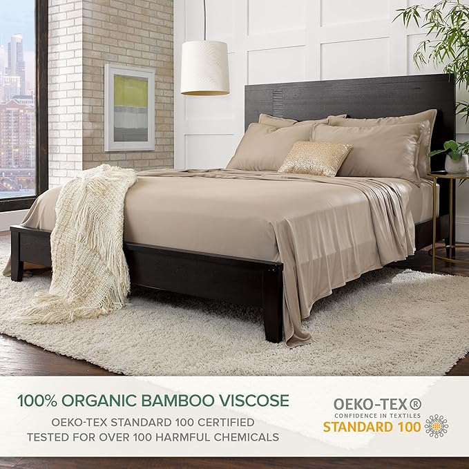 Queen Sheets by Pure Bamboo, Genuine 100% Organic Viscose Derived from Bamboo Bed Sheet Set, Luxuriously Soft & Cooling, Double Stitching, Lifetime Quality Promise (Queen, Sand)