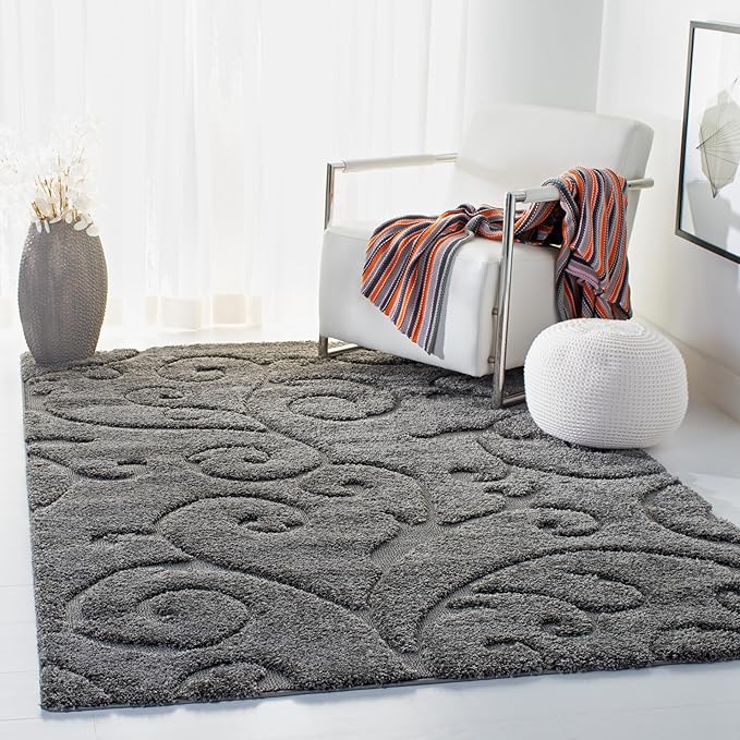 SAFAVIEH Florida Shag Collection Accent Rug - 4' x 6', Grey, Scroll Design, Non-Shedding & Easy Care, 1.2-inch Thick Ideal for High Traffic Areas in Entryway, Living Room, Bedroom (SG455-8013)