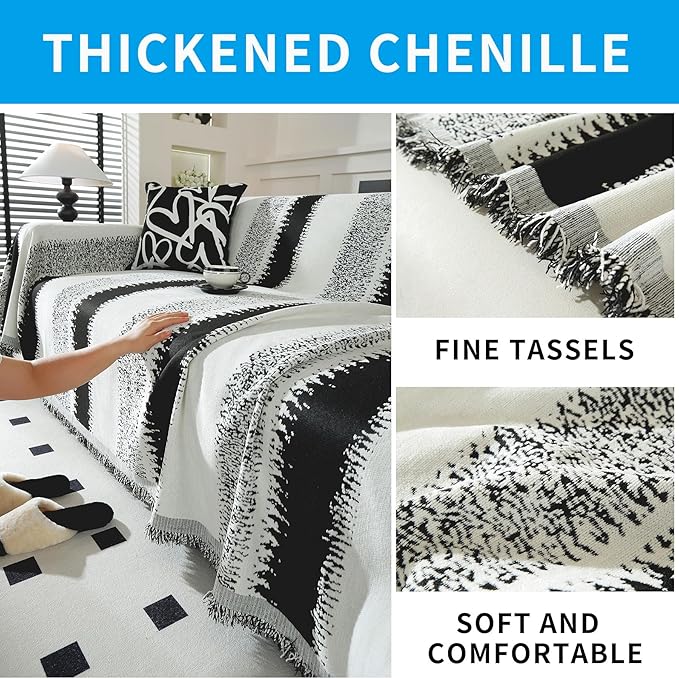 LUFEIJIASHI Boho Couch Covers for Sofa Non Slip Sofa Covers Washable Couch Covers for 3 Cushion Couch Sofa Pet Friendly Sectional Couch Cover Blanket Furniture Protector for Dogs (Black, 71"x118")