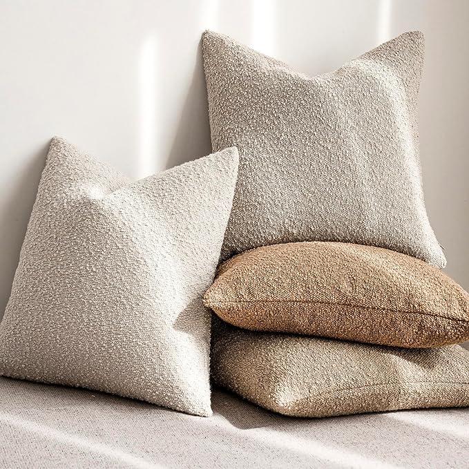Foindtower Set of 2, Decorative Textured Boucle Throw Pillow Covers Accent Solid Pillow Cases Neutral Cozy Couch Cushion Case for Chair Sofa Bedroom Living Room Home Decor 26 x 26 Inch Ivory Beige