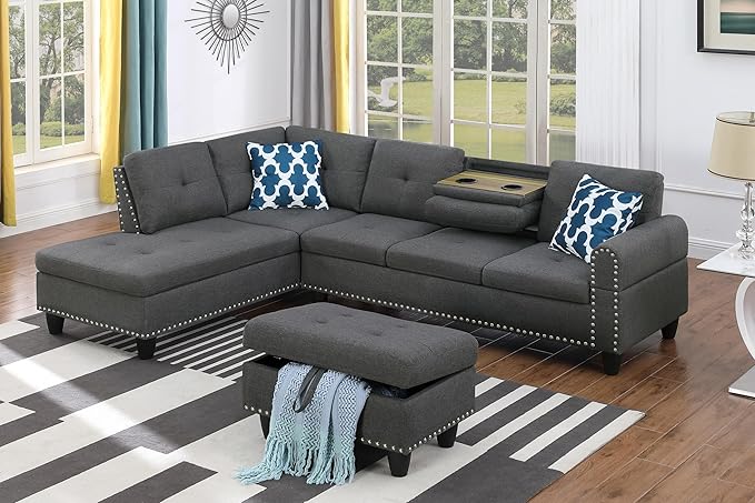 Evan Sectional Sofa or Couch with Ottoman for Living Room, Apartment, Bedroom, Office