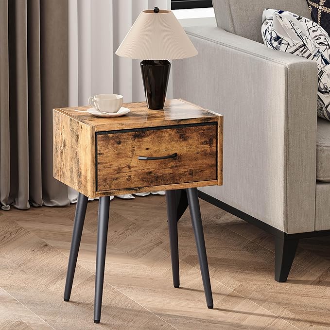 Small Nightstands Set of 2, Bedside Table with Fabric Drawer, Idustrial End Table with Metal Leg, Couch Side Table for Bedroom Living Room, Sofa, Office Rustic Brown LNT504R