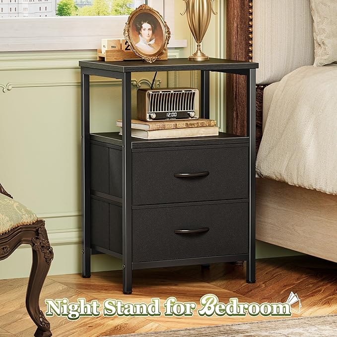 Huuger Night Stand Set of 2, Nightstand with 2 Drawers, Bed Side Table with Open Shelf, Wooden Top, End Table, Fabric Drawer, for Bedroom, Black