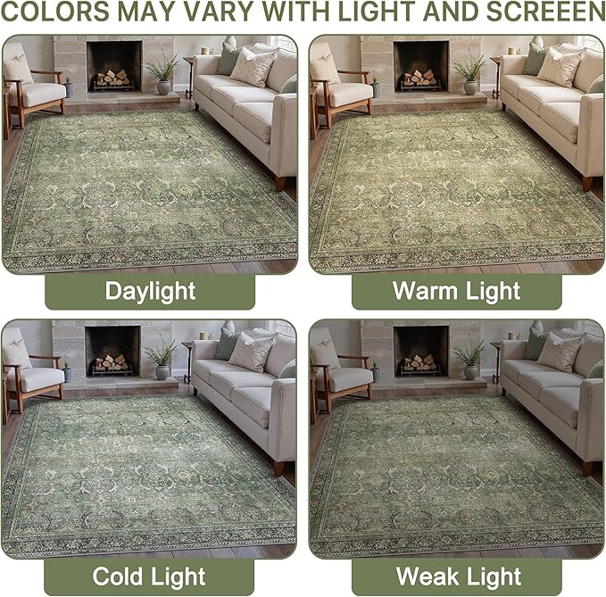 10X14 Area Rugs Machine Washable Rugs for Living Room, Vintage Boho Large Rugs for Bedroom Dining Room, Non Slip Indoor Soft Distressed Lightweight Thin Low Pile Carpet, Green