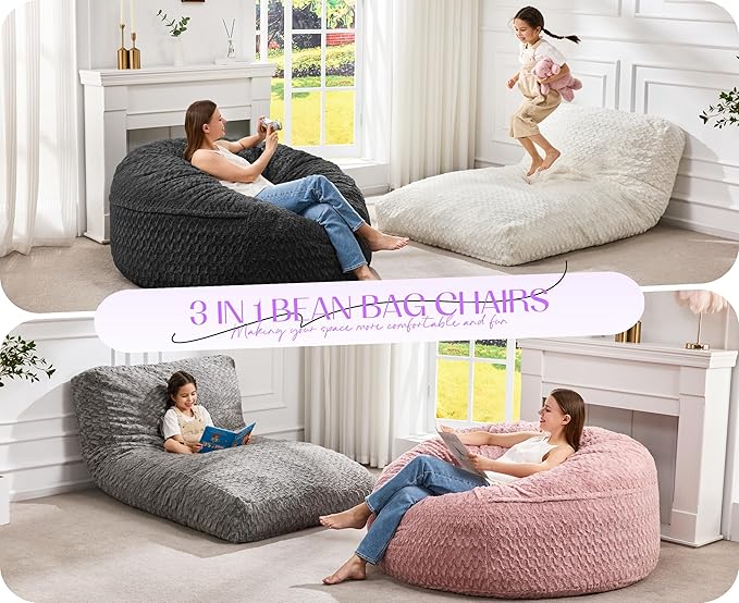 Hobestluk Bean Bag Chair Convertible Beanbag Chairs for Adults, 3 in 1 Bean Bags with Plush Chevron Cover, Adult Bean Bag Chair for Living Room, Bedroom (Black, Full)