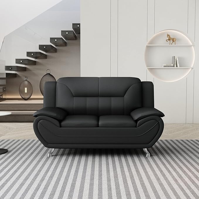 Container Furniture Direct Michael Modern Faux Leather Upholstered Stainless Steel Legs Living Room Loveseat, Midnight Black