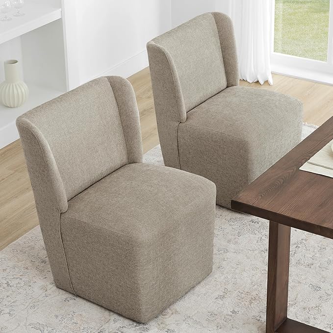 Upholstered Dining Chair with Casters Wingback Modern Side Armless Deskchair with Rollers for Diningroom Bedroom Livingroom Reading Room,Khaki,2 Box