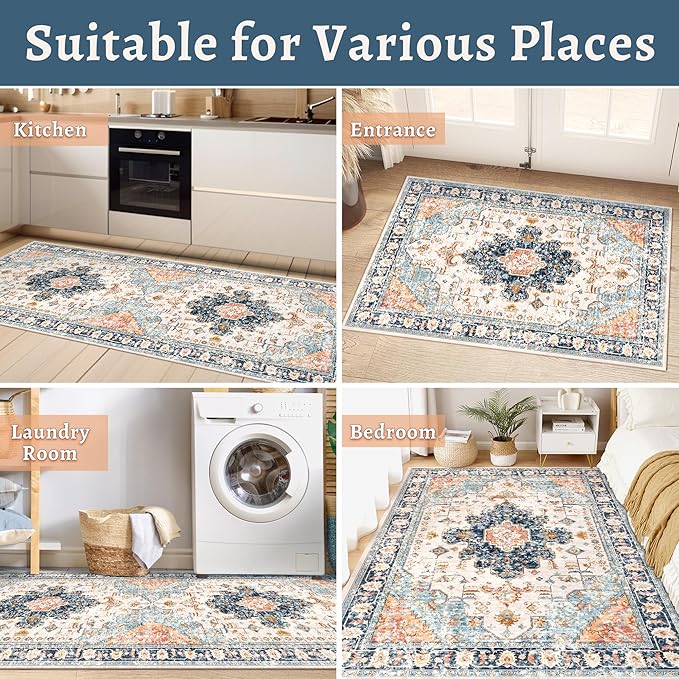 Tangsoo 2x6 Washable Runner Rug for Hallways, Non Slip Vintage Rugs, Soft Low Pile, Print Distressed Blue/Orange Carpet Runners for Kitchen Bedroom Entryway Bathroom Living Room