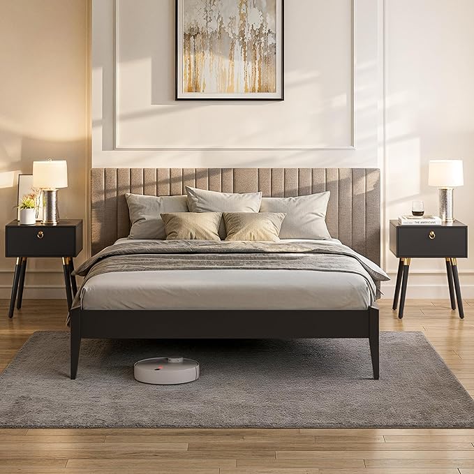 Bme Dinkee Queen Platform Bed Frame Wood 15 Inch - Solid Wood Bed Frame - Modern & Minimalist Style - 12 Strong Wood Slat Support - Easy Assembly - No Box Spring Needed - Black
