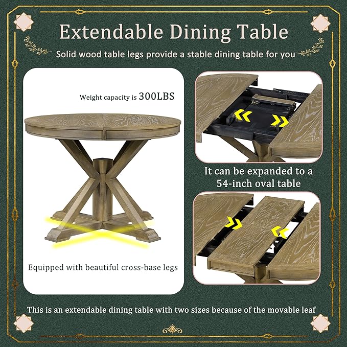 Retro Style Round Dining Table with 12" Removable Leaf for Kitchen/Living Room, Space-saving Solid Wood Tabletop Extendable Circular to Oval (42" to 54") with X-shaped Base Legs for Apartment Bistro