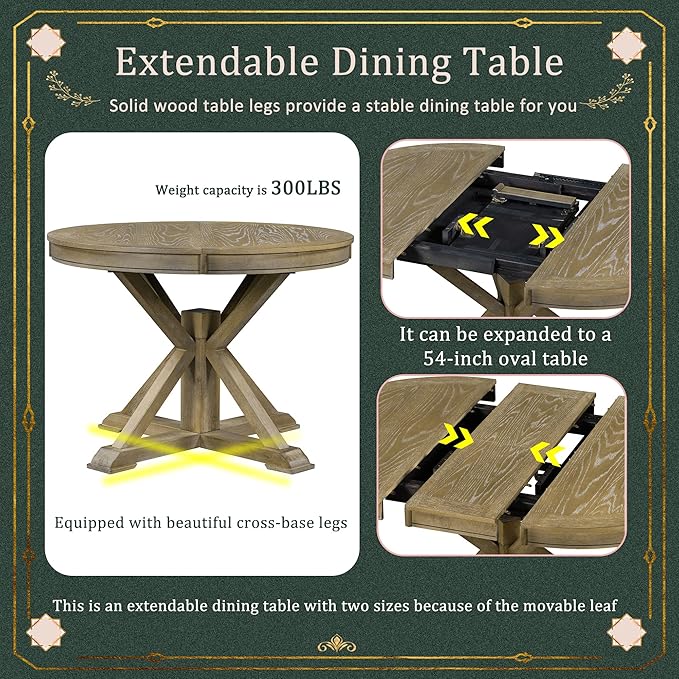Need 42 Inch Round Dining Table Extendable to 54 Inch with 12" Leaf, Retro Expandable Kitchen Table for Dining Room & Living Room, Solid Wood (Natural Wood Wash)