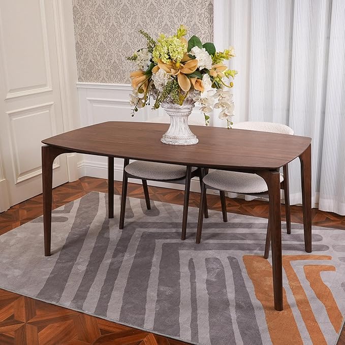 CONSDAN Dining Table for 4-6, Table Only, Walnut Veneer Top, Solid Wood Frame, Round Rectangular Shape, Softly Curved Edges, Elegant Look