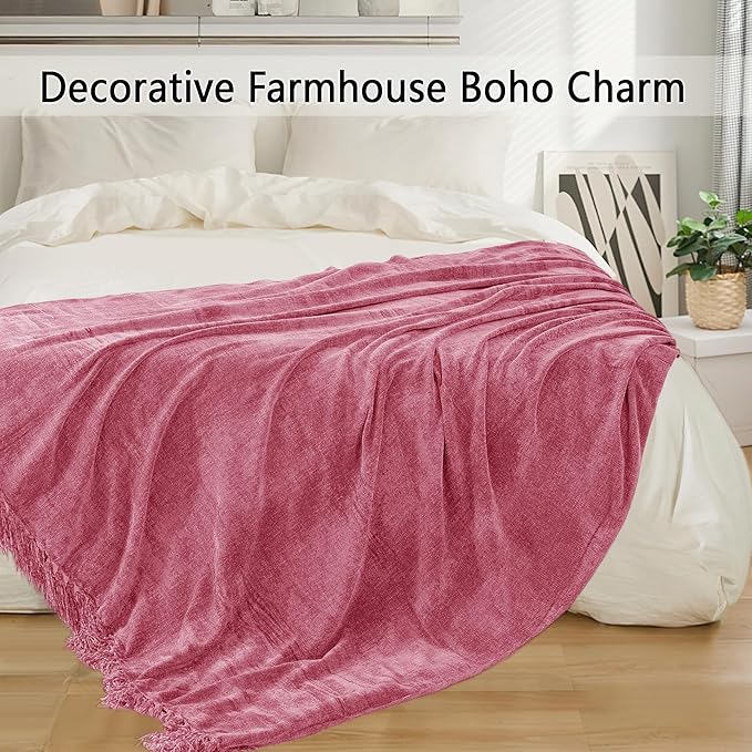Chenille Throw Blanket for Couch 50"X 60", Soft Cozy Throws with Fringe Tassel for Bed Sofa Chair Cover, Lightweight Knitted Decorative Boho Blankets for Living Room, Rose Pink