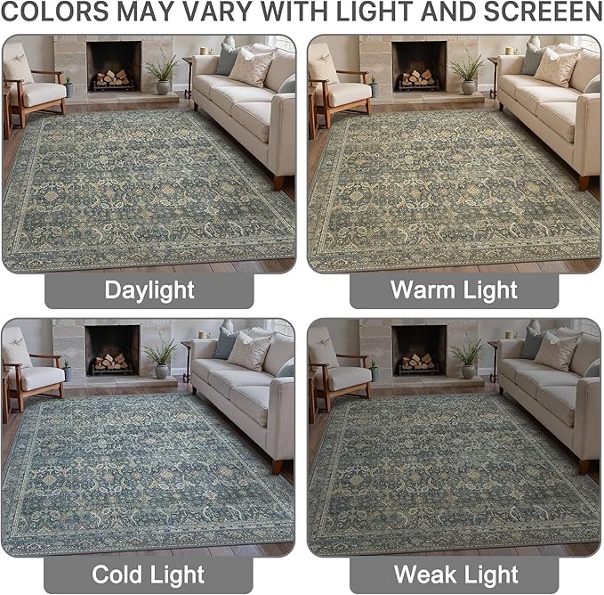 10X12 Area Rugs Machine Washable Rugs for Living Room, Vintage Boho Large Rugs for Bedroom Dining Room, Non Slip Indoor Soft Distressed Lightweight Thin Low Pile Carpet, Deep