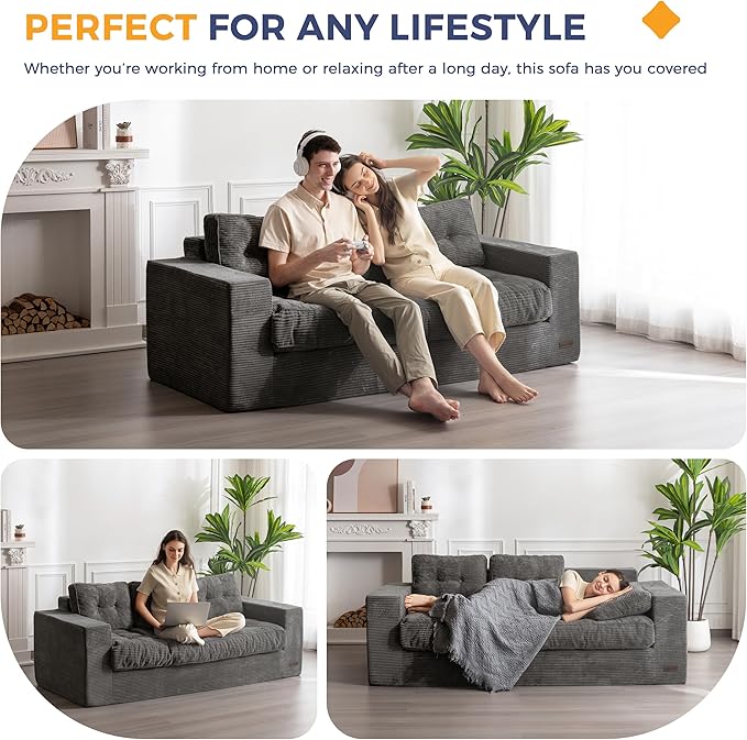 MAXYOYO 3 Seater Couch for Living Room, Boneless Couch with Tufted Cushion & Backrest, Upholstered Floor Sofa with Armrests, Sofa in A Box, No Assembly Required, Dark Grey