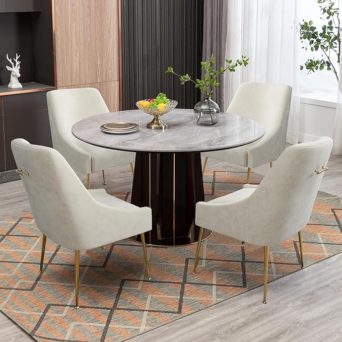 Modern Velvet Dining Chairs Set of 4, Contemporary Upholstered Furniture Collection with Polished Gold Metal Legs, Elegant Accent Chairs for Kitchen Living Room(White)