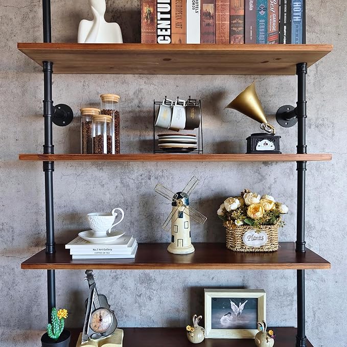 6 Tier Industrial Ladder Shelf Bookcase, Wall Mounted Rustic Bookshelf for Living Room Decor and Storage (Walnut Color, 6 Tier - 10" D x 36" W x 82.5" H)