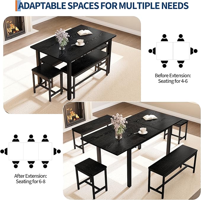 GarveeHome 5-Piece Dining Table Set for 4-8 People, 63" Large Extendable Kitchen Table Set with 2 Benches and 2 Square Stools, Modern Dining Room Furniture Sets, Easy Assembly, Black
