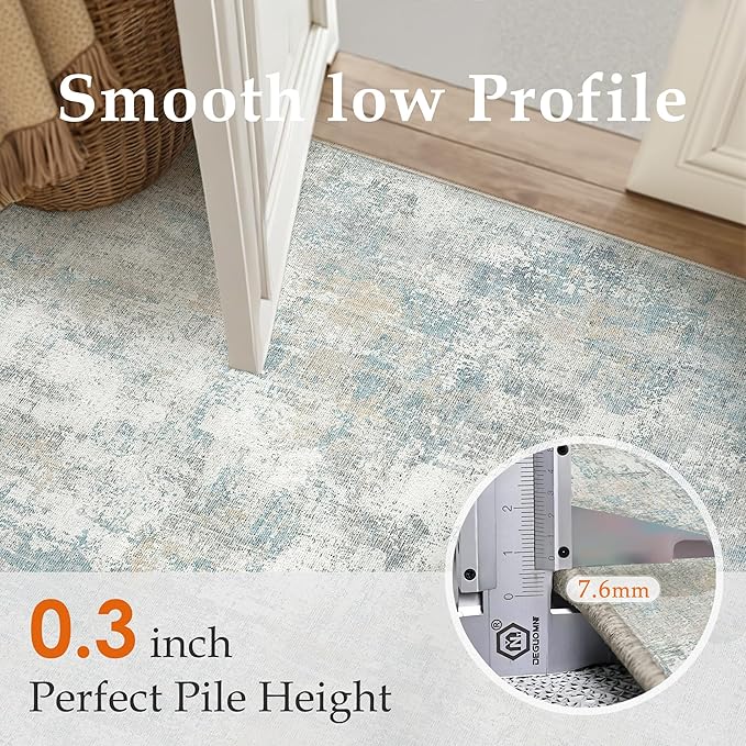 6x9 Washable Area Rug Blue Cream Modern Neutral Abstract Living Room Bedroom Indoor Floor Carpet Low Pile Soft Non-Slip Lightweight Vacuumable Throw Rug for Nursery Dining Room Office
