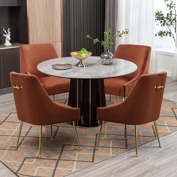 Modern Velvet Dining Chairs Set of 6, Contemporary Upholstered Furniture Collection with Polished Gold Metal Legs, Elegant Accent Chairs for Kitchen Living Room(Brown)