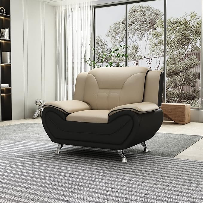 Container Furniture Direct Michael Modern Faux Leather Upholstered Stainless Steel Legs Living Room, Chair, Black Camel