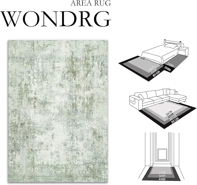 8x10 Washable Area Rug Green Modern Neutral Abstract Living Room Bedroom Indoor Floor Carpet Low Pile Soft Non-Slip Lightweight Vacuumable Large Throw Rug for Nursery Dining Room