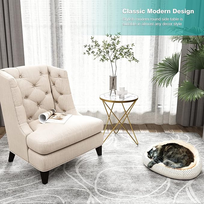 HLR Modern Round Side Table Set of 2, End Table with Marble Effect Top and Gold Metal Frame, Small Side Table for Living Room, Bedroom, Sofa and Couch, Gold Legs, White Marble top