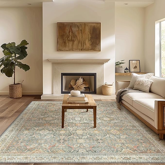 10X14 Area Rugs Machine Washable Rugs for Living Room, Vintage Boho Large Rugs for Bedroom Dining Room, Non Slip Indoor Soft Distressed Lightweight Thin Low Pile Carpet, Turmeric