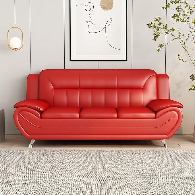 Container Furniture Direct Michael Modern Faux Leather Upholstered Stainless Steel Legs Living Room Sofa, Chair, Red