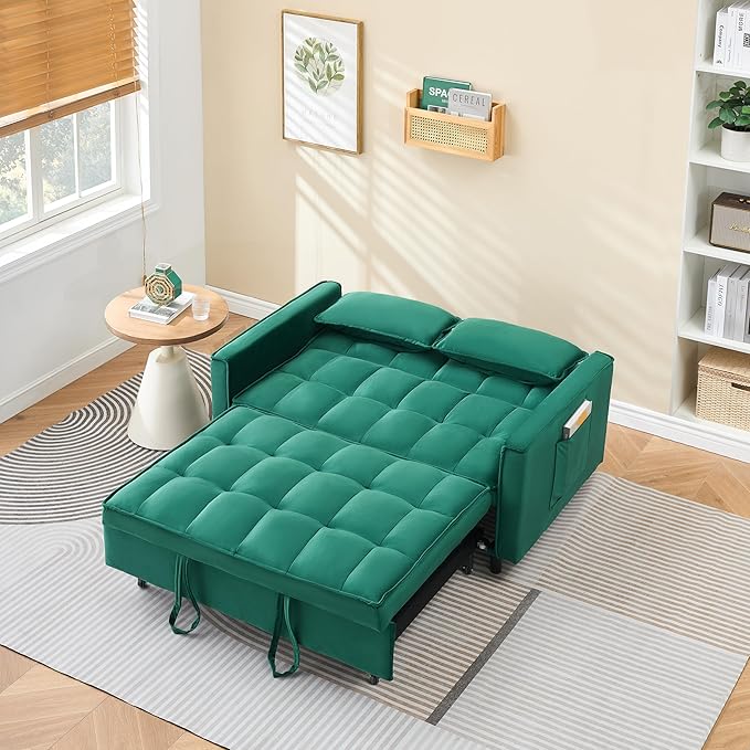 Ball & Cast Convertible Sofa Bed,Pull Out Loveseat Sleeper Sofa,Convertible Pull Out Couch W/ 2 Pillows,Adjustable Backrest & Side Pocket,Corduroy Futon Couches for Living Room,Apartment,Green,55"