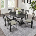 KEIKI Retro 7-Piece Wooden Dining Table Set for 6 Person, Vintage Style Table Set with Extendable Curved MDF Wood Grain Table and 6 Upholstered Chair, Easy Assembly, for Kitchen, Dining Room, Dark Oak